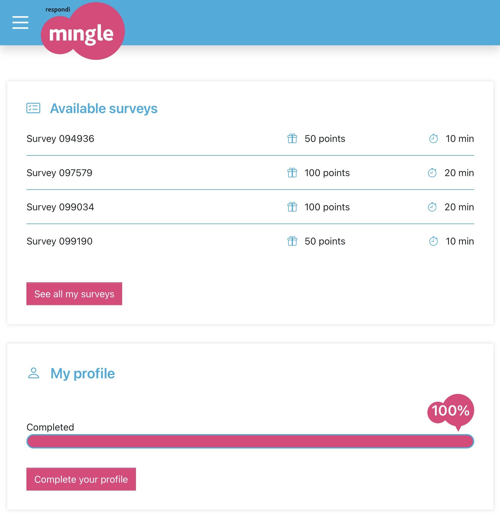 Mingle Surveys dashboard printscreen