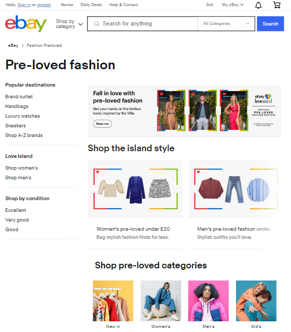 Tablet screenshot of the eBay website