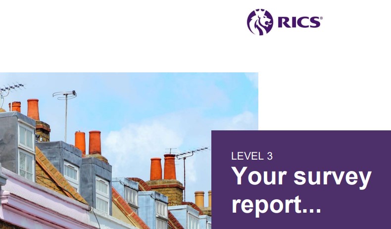 A document with text "level 3 house survey report..." next to the rics logo, overlaid on a background image of residential building rooftops.
