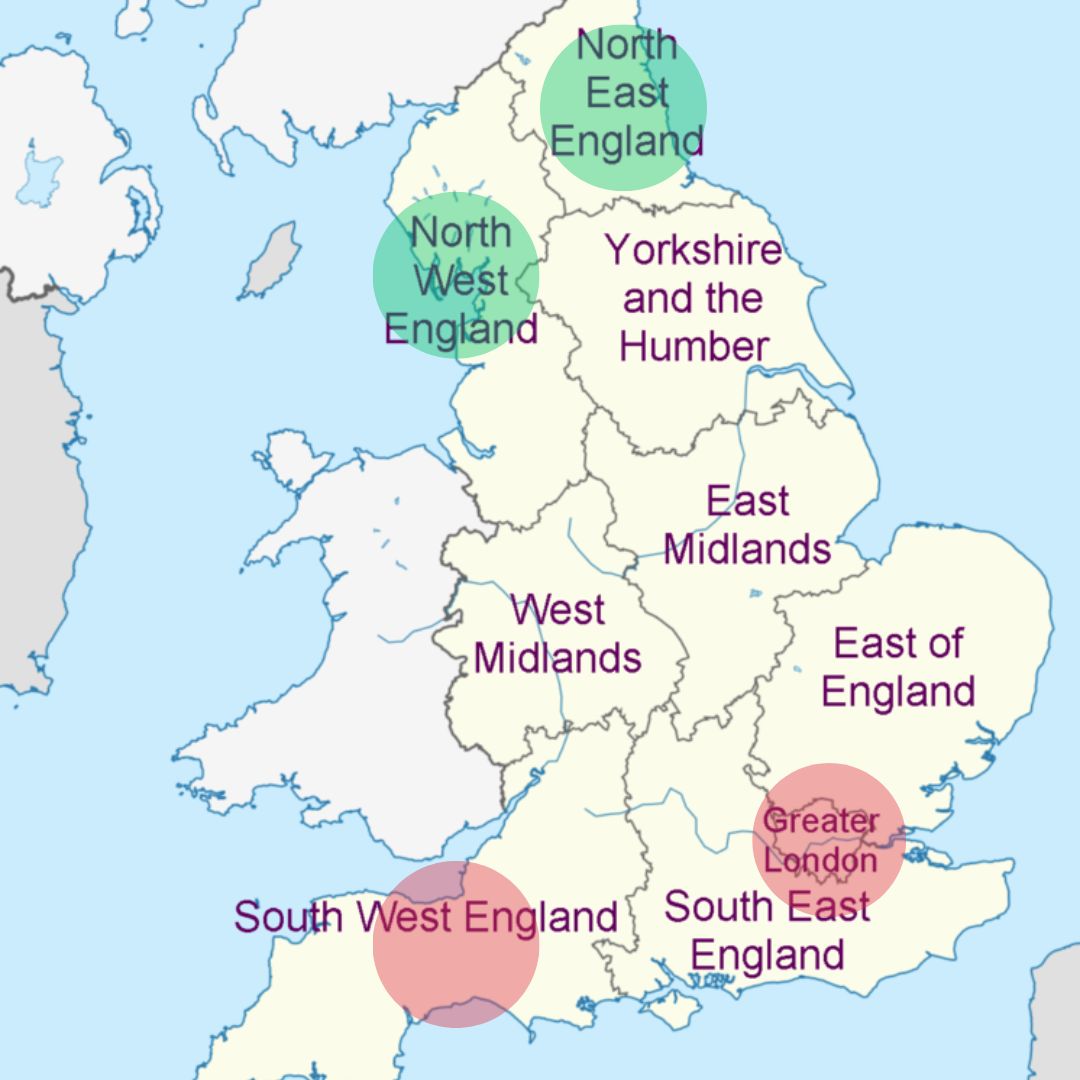 A map showing the regions of england with highest and lowest median rent