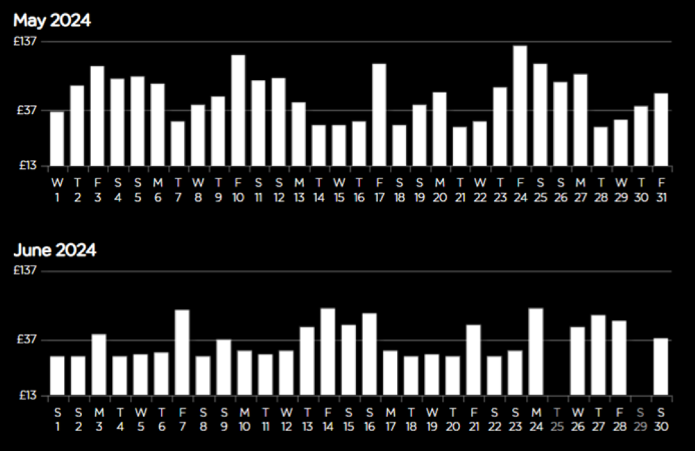 Bar graph depicting daily revenue for may and june 2024, with varying heights representing different values for each day.