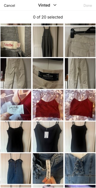 A grid of clothing items on sale, including tops, bottoms, and dresses. Several tags from brands like Louche and Hollister are visible. Interface shows 0 of 20 selected in the Vinted app.