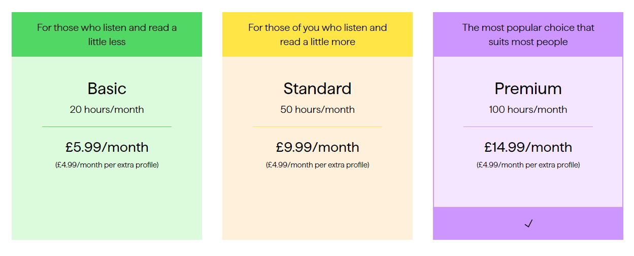 Comparison chart of three subscription plans for bookbeat: Basic (£5.99/month, 20 hours), Standard (£9.99/month, 50 hours), and Premium (£14.99/month, 100 hours). Extra profile costs £4.99/month for each plan. 