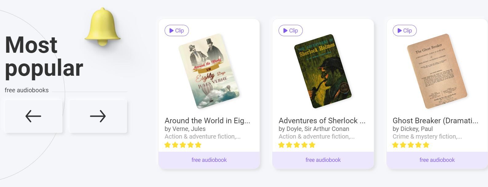 A webpage section titled "Most Popular" showcasing free audio books UK: "Around the World in Eighty Days," "Adventures of Sherlock Holmes," and "Ghost Breaker." Each book displays a cover image and star ratings, offering a perfect glimpse into what makes our platform the best audiobook app.