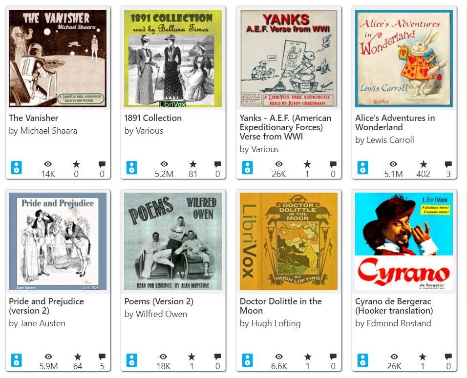 A digital library interface displaying various book covers, including works by Michael Shaara, Jane Austen, and Arthur Conan Doyle. Each entry shows the title, author, rating, and number of downloads from internet archive