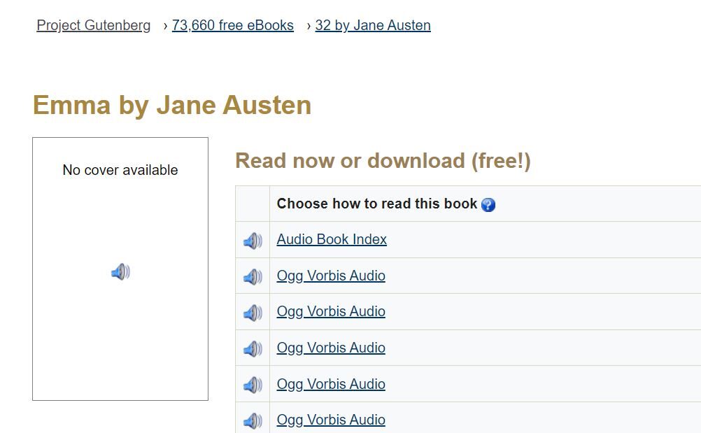 Web page offering "Emma" by Jane Austen for free download or online reading, with multiple audio format options listed including their sizes. Also indicates the absence of a cover image for the book. Discover more through our best audiobook app for a seamless listening experience.