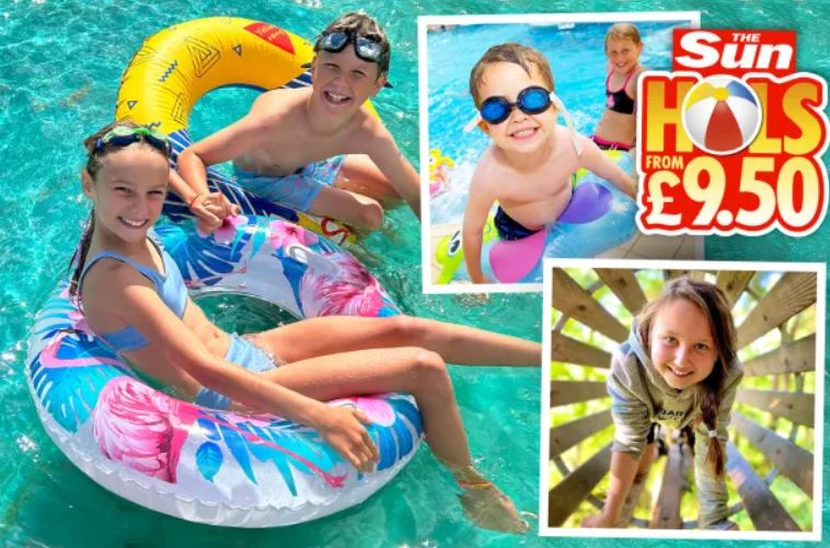 Children playing in a pool with inflatable rings and another child on a wooden structure. Text reads, "The Sun Hols from £9.50" with a beach ball graphic. Don't miss out on our sun holidays 2024 offers!
