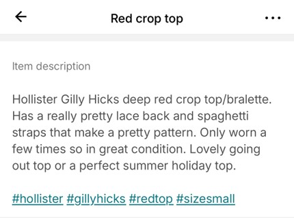 Item description for a red crop top from Hollister Gilly Hicks, featuring a lace back and spaghetti straps. It's in great condition and suitable for outings or summer holidays. Tags: #hollister #gillyhicks #redtop #sizesmall.