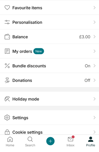 A mobile app profile page showing options like Favorite items, Balance, My orders (New), Bundle discounts (On), Donations (Off), Holiday mode, Settings, and Cookie settings. £3.00 balance displayed.