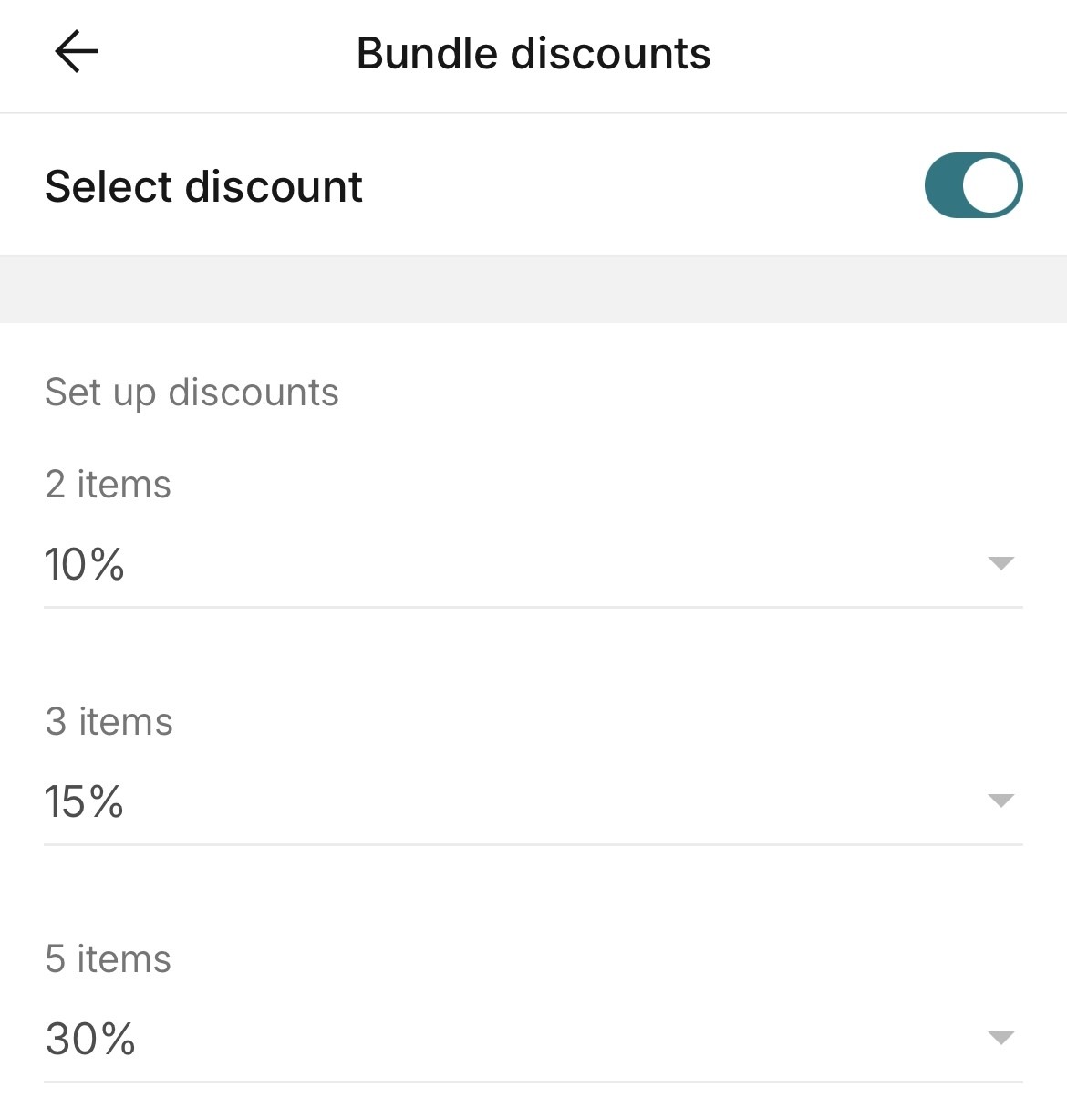 Bundle discounts setup menu showing options for 10% off 2 items, 15% off 3 items, and 30% off 5 items, with a toggle switch to enable or disable discounts.