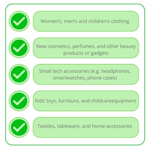 Checklist with green check marks indicating categories: clothing for women, men, and children; beauty products; small tech accessories; kids' toys and furniture; and textiles and home accessories.