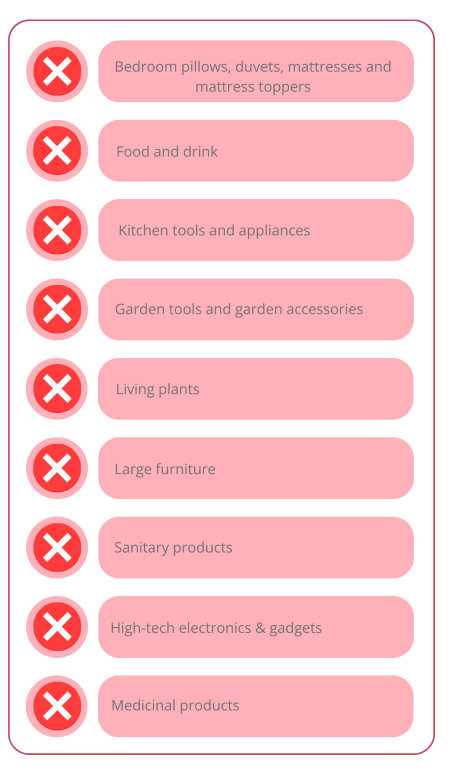 Image showing a list of items with red "X" marks next to each, indicating they are not accepted. The list includes bedding, food, kitchen tools, garden accessories, plants, furniture, sanitary products, electronics, and medicinal products.