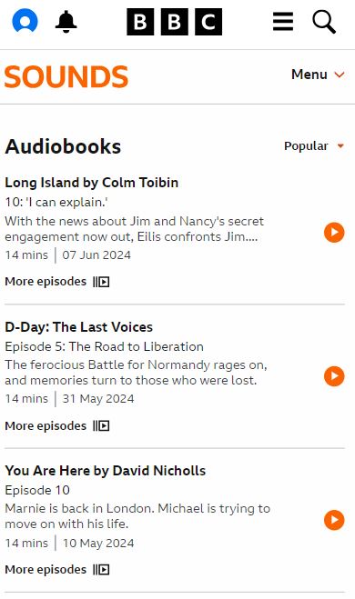 Screenshot of BBC Sounds webpage showing audiobooks. Titles include "Long Island by Colm Toibin," "D-Day: The Last Voices," and "You Are Here by David Nicholls," accompanied by episode details.