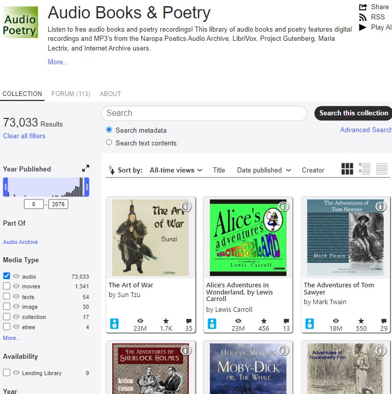 A screenshot of an online library page showing audio books and poetry. Categories include The Art of War by Sun Tzu, Alice's Adventures in Wonderland by Lewis Carroll, and The Adventures of Tom Sawyer by Mark Twain.