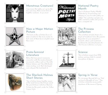 A 3x3 grid featuring promotional posters for various topics and events, including "Monstrous Creatures," "National Poetry Month," "Now a Major Motion Picture," "The Princess Collection," "Proto-feminist Literature," "Science," "The Sherlock Holmes Short Stories," and "Spring in Verse.