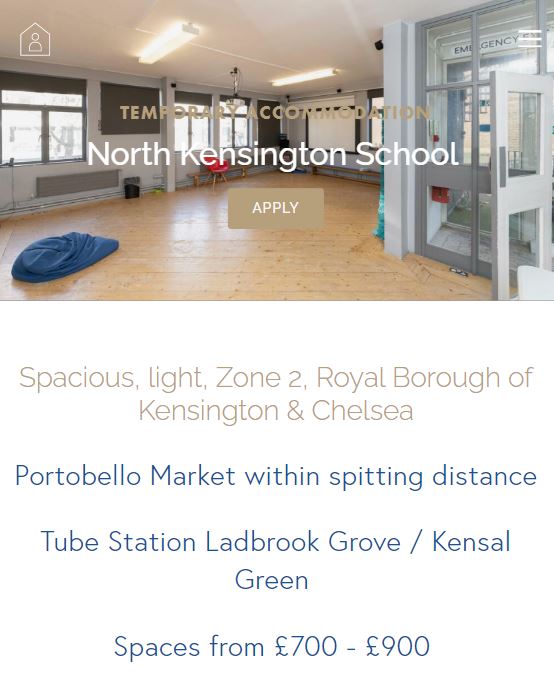 Interior of a temporary accommodation building, labeled North Kensington School, with wooden flooring, a deflated blue bean bag, and large windows. Ideal for property guardians looking to save on rent in expensive cities. Pricing information and nearby attractions are listed below.