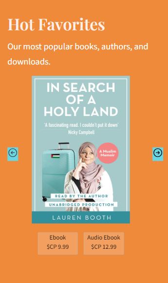 Flyer featuring "In Search of a Holy Land" by Lauren Booth as a popular ebook and audio ebook. Ebooks cost SCP 9.99, audio ebooks cost SCP 12.99. The background is orange with text outlining popular items.