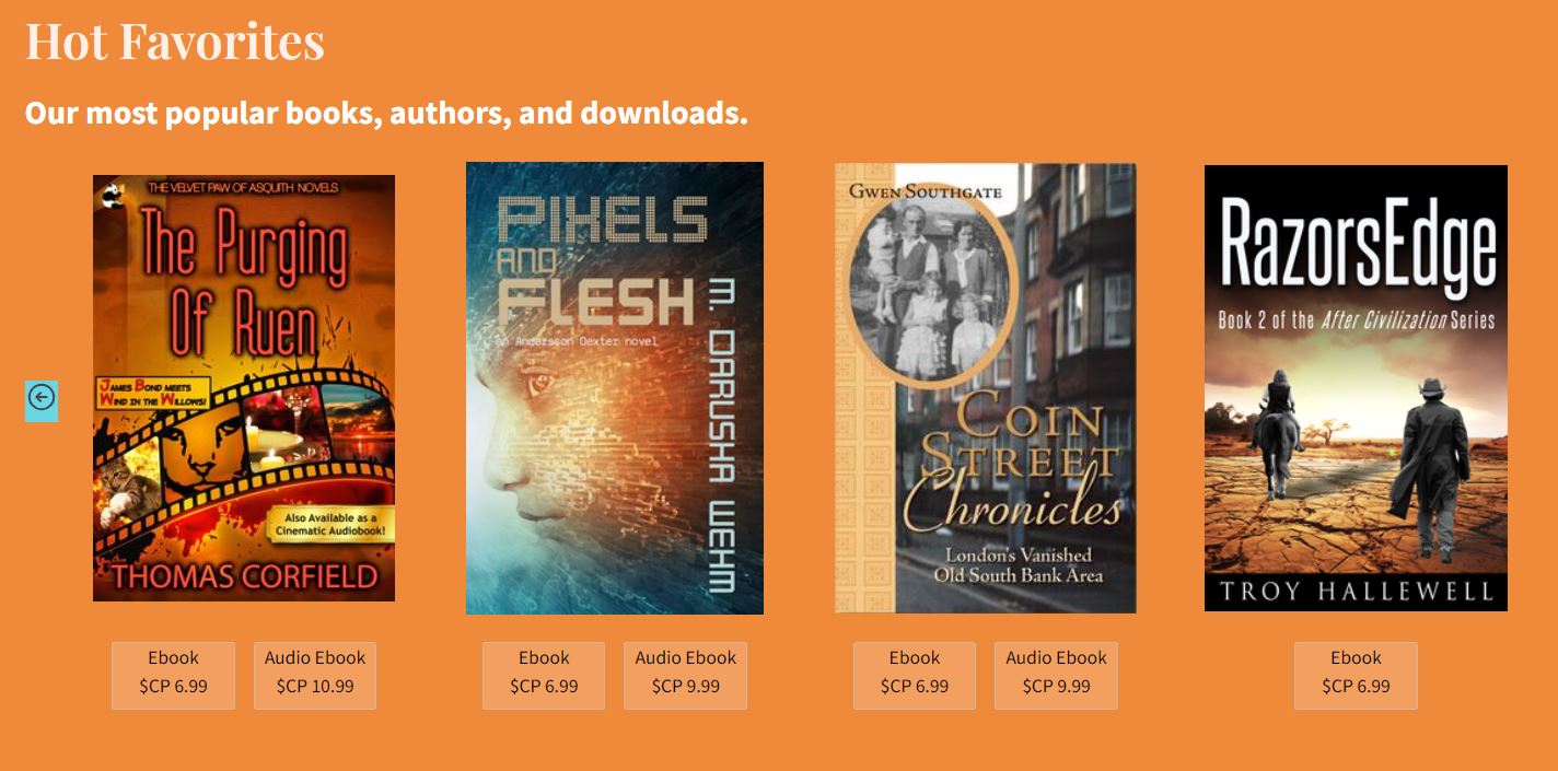 A display of four books titled "The Purging Of Ruenn," "Pixels and Flesh," "Coin Street Chronicles," and "Razor's Edge" with their ebook and audio book prices listed below each cover.