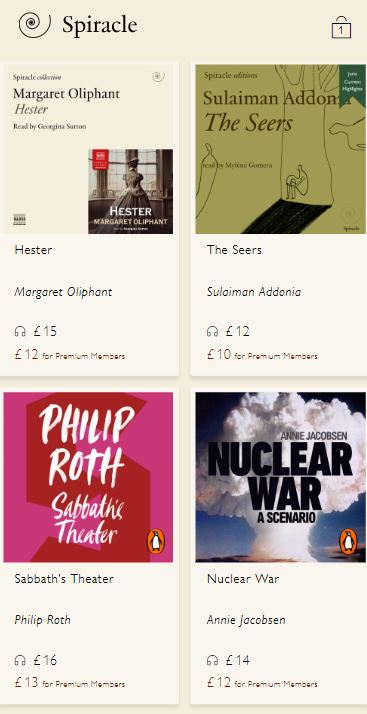 A screenshot of a webpage from Spiracle featuring four books: "Hester," "The Seers," "Sabbath's Theater," and "Nuclear War." Each book shows the author, price, and reduced price for premium members.