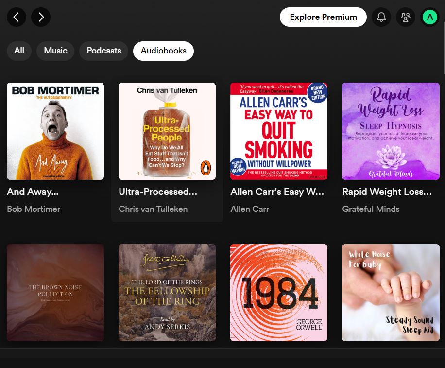 Screenshot of an audiobook section on a streaming app showing various titles, including "And Away..." by Bob Mortimer, "Ultra-Processed People" by Chris van Tulleken, and "1984" by George Orwell.