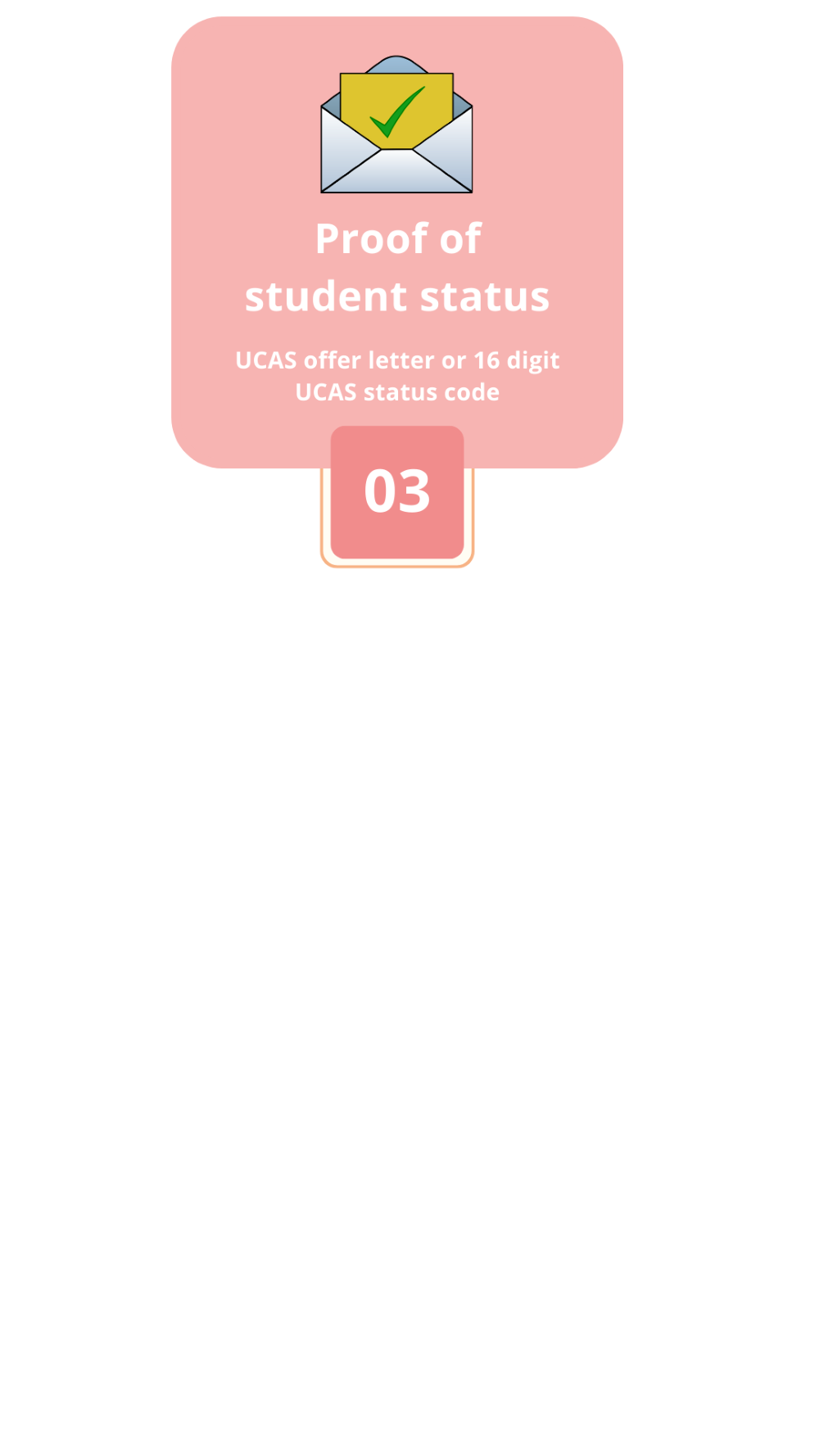 Step 3: Proof of student status. Provide a UCAS offer letter or 16-digit UCAS status code.