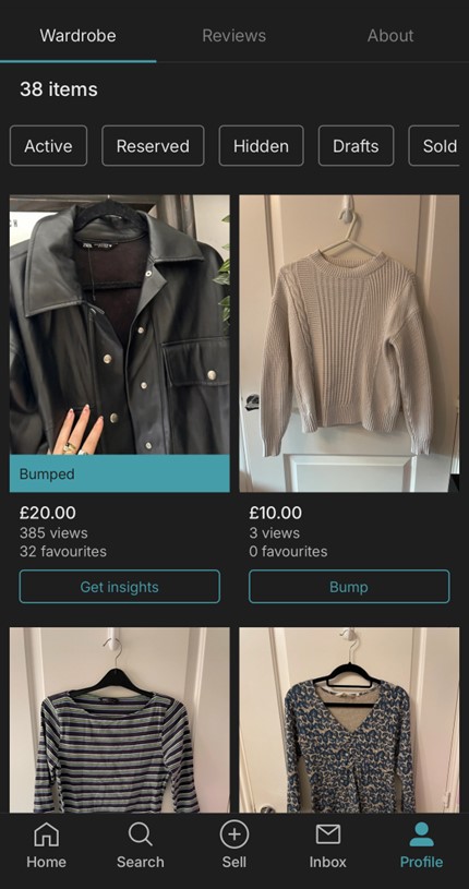 Screenshot of a wardrobe app displaying four clothing items for sale: a black leather jacket priced at £20, a beige sweater for £10, a striped shirt, and a floral top. Buttons for actions are visible.