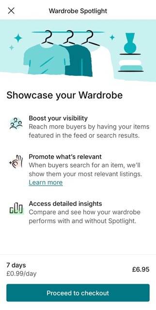 Illustration of a feature called "Wardrobe Spotlight" with options to boost visibility, promote relevant items, and access detailed insights. Pricing information shows £6.95 for 7 days. "Proceed to checkout" button included.