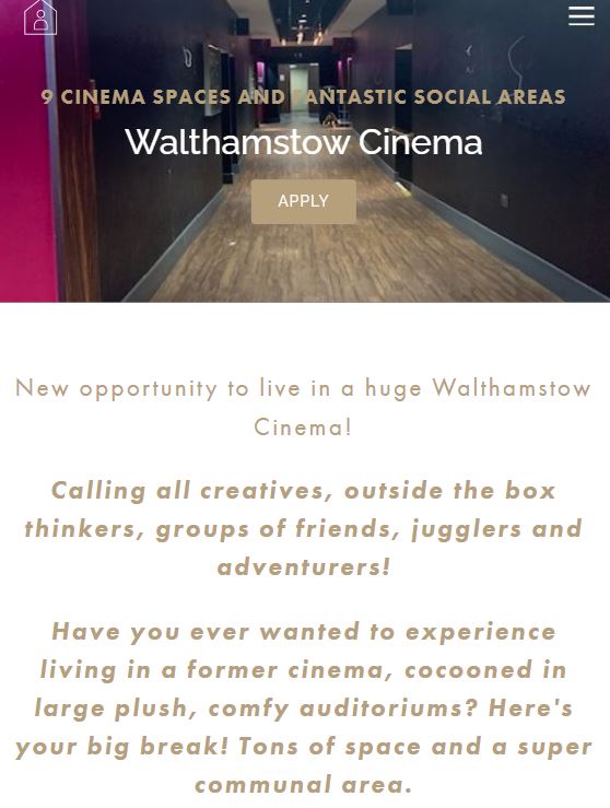 A promotional poster for Walthamstow Cinema advertises living space in a former cinema with large communal areas, ideal for property guardians, creatives, groups of friends, and adventurers looking to save on rent in expensive cities.