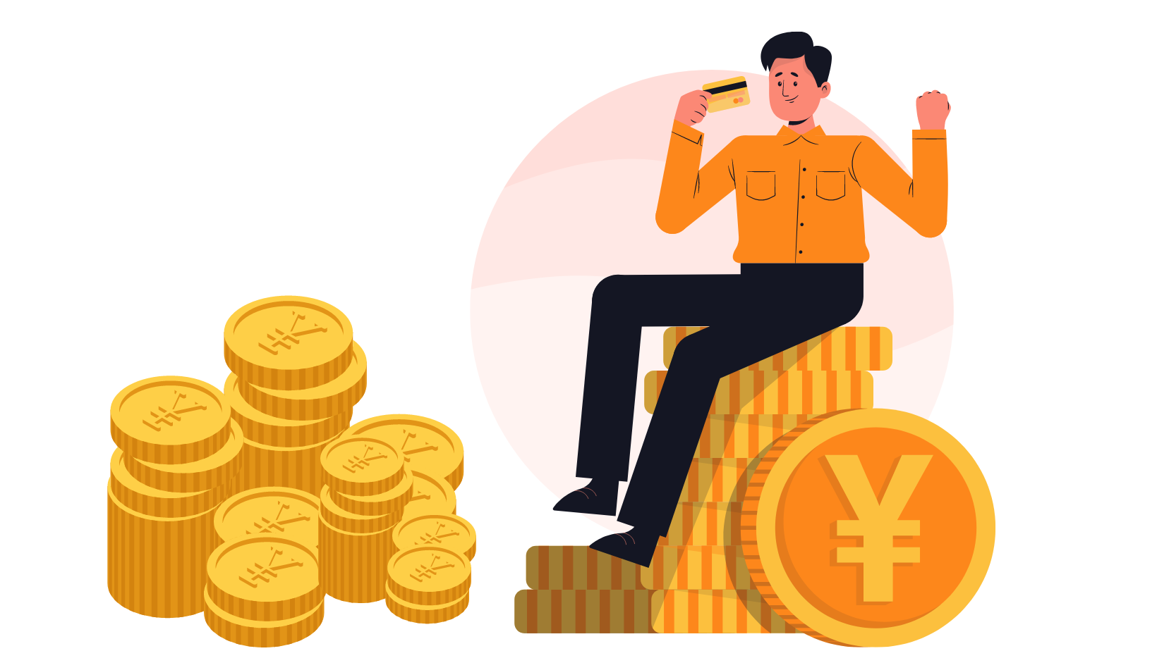 Illustration of a person sitting on a stack of coins holding a credit card, with more coins and a large yen symbol nearby.