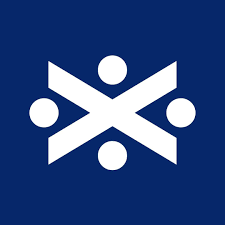 A white geometric symbol with three circles and angled bars on a blue background.