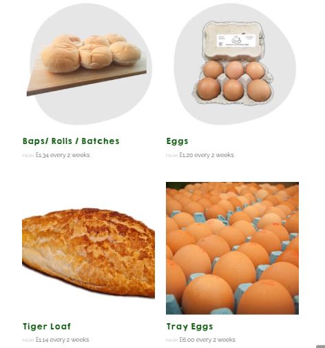 Image showing various grocery items including baps/rolls/batches, a carton of eggs, a tiger loaf, and a tray of eggs, each with respective prices and subscription options.