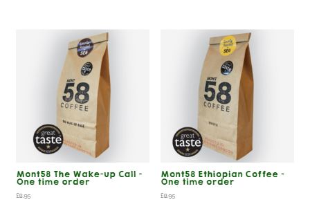 Two packages of Mont58 Coffee are shown. One is labeled "The Wake-up Call" and the other "Ethiopian Coffee". Both are available for one-time order at the price of £8.95.