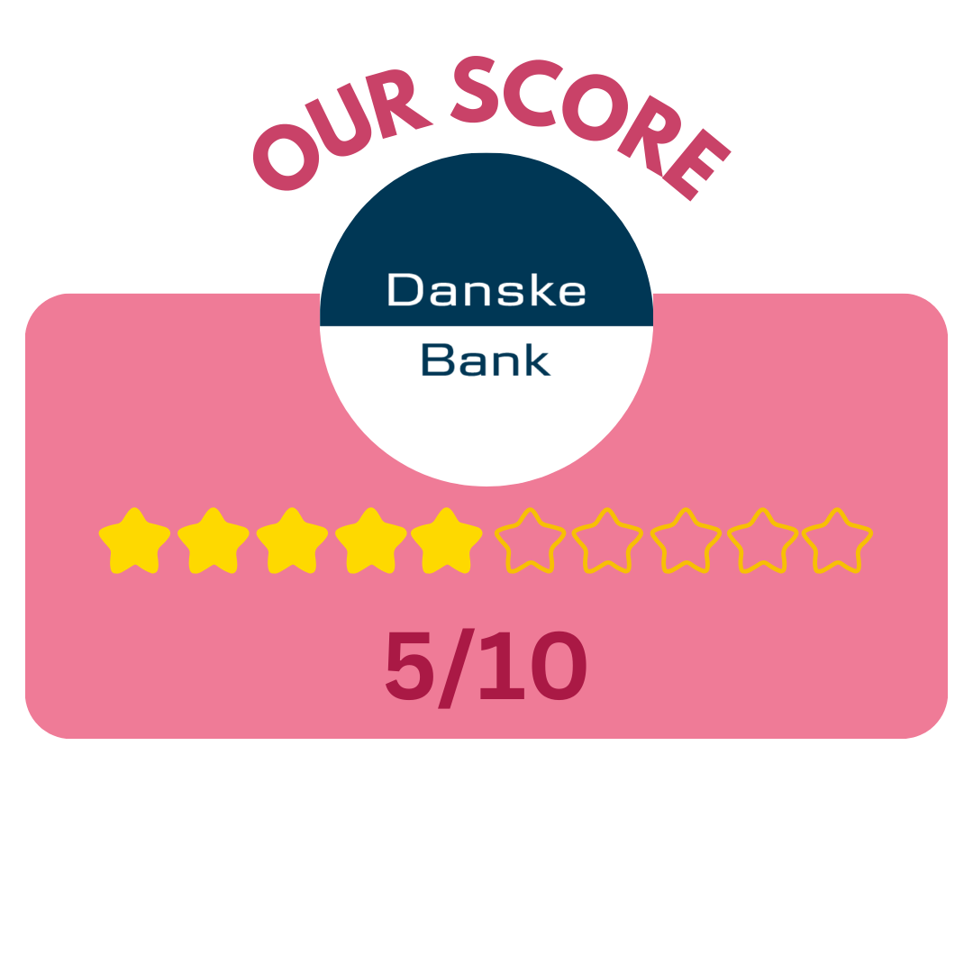 An image of a review for Danske Bank showing a score of 5 out of 10, with 5 yellow stars and 5 empty stars displayed.