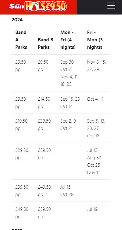 A table listing holiday pricing for Sun Holidays 2024, including various dates and prices for Band A and Band B parks, with options for Monday to Friday (4 nights) and Friday to Monday (3 nights).