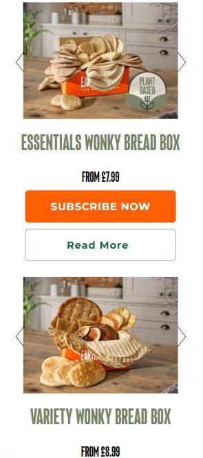 Two advertisements for "Wonky Bread Boxes" showing various types of bread. The Essentials Wonky Bread Box starts from £7.99, and the Variety Wonky Bread Box from £8.99. Buttons for subscribing and reading more are included.