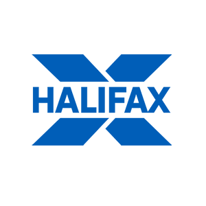 Blue Halifax logo with stylized, overlapping letters forming the word "Halifax.