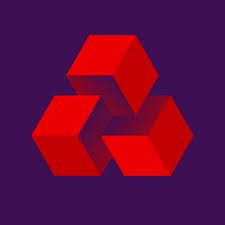 A logo featuring three red interlocking cubes on a solid purple background.