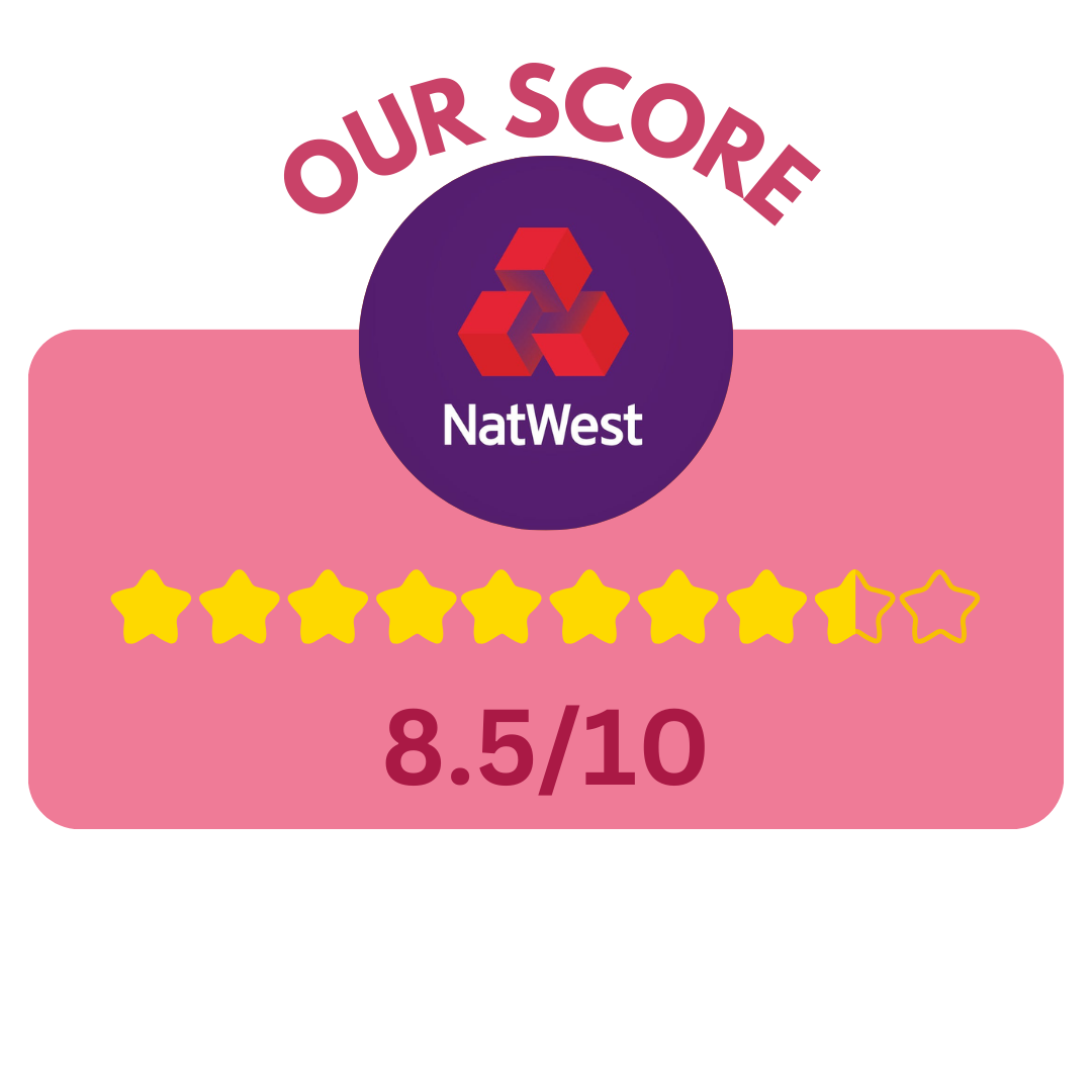 NatWest logo with "Our Score" above it, and a rating of 8.5 out of 10 represented by eight full stars and one half star on a pink background.