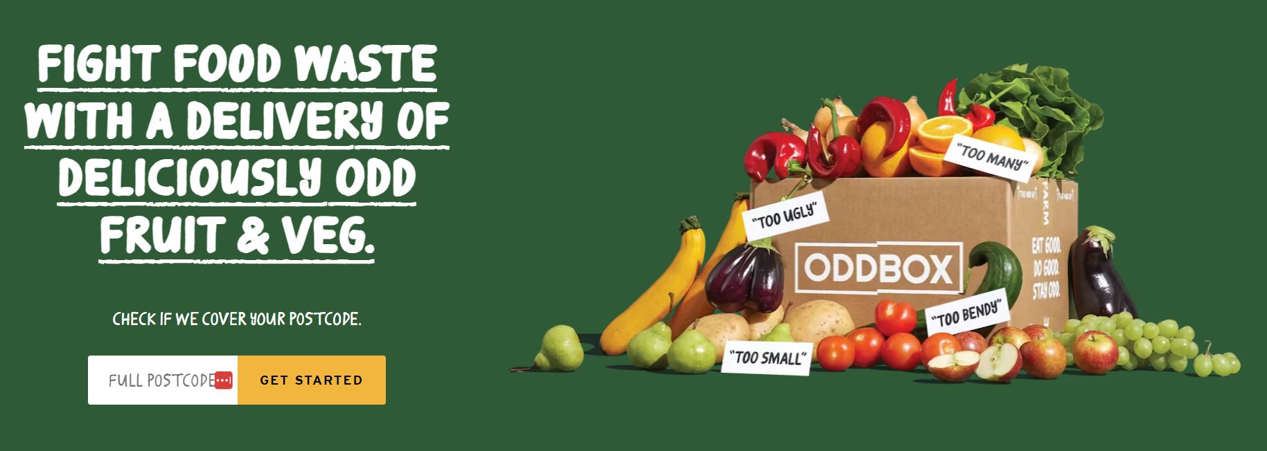 A green background with a cardboard box labeled "ODDBOX" containing various fruits and vegetables. The text reads: "FIGHT FOOD WASTE WITH A DELIVERY OF DELICIOUSLY ODD FRUIT & VEG.