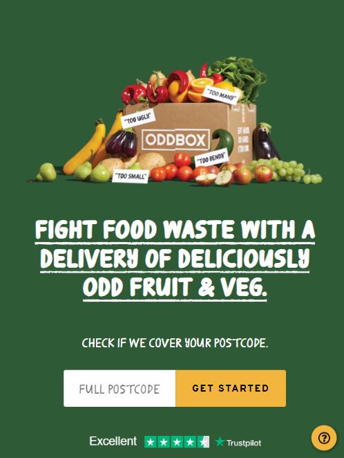 A box of assorted fruits and vegetables with the text "Oddbox" on it. The text reads, "Fight food waste with a delivery of deliciously odd fruit & veg. Check if we cover your postcode. Get started.