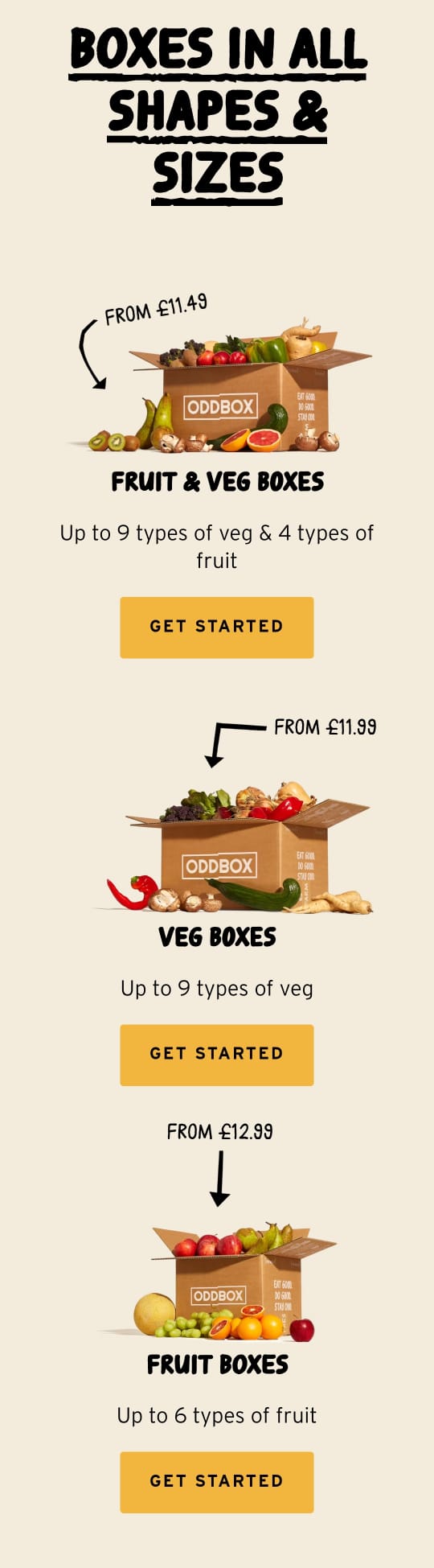 An infographic for Oddbox subscription boxes. Descriptions and prices: Fruit & Veg Boxes from £11.49, Veg Boxes from £11.99, and Fruit Boxes from £12.99. "Get Started" buttons are below each box.