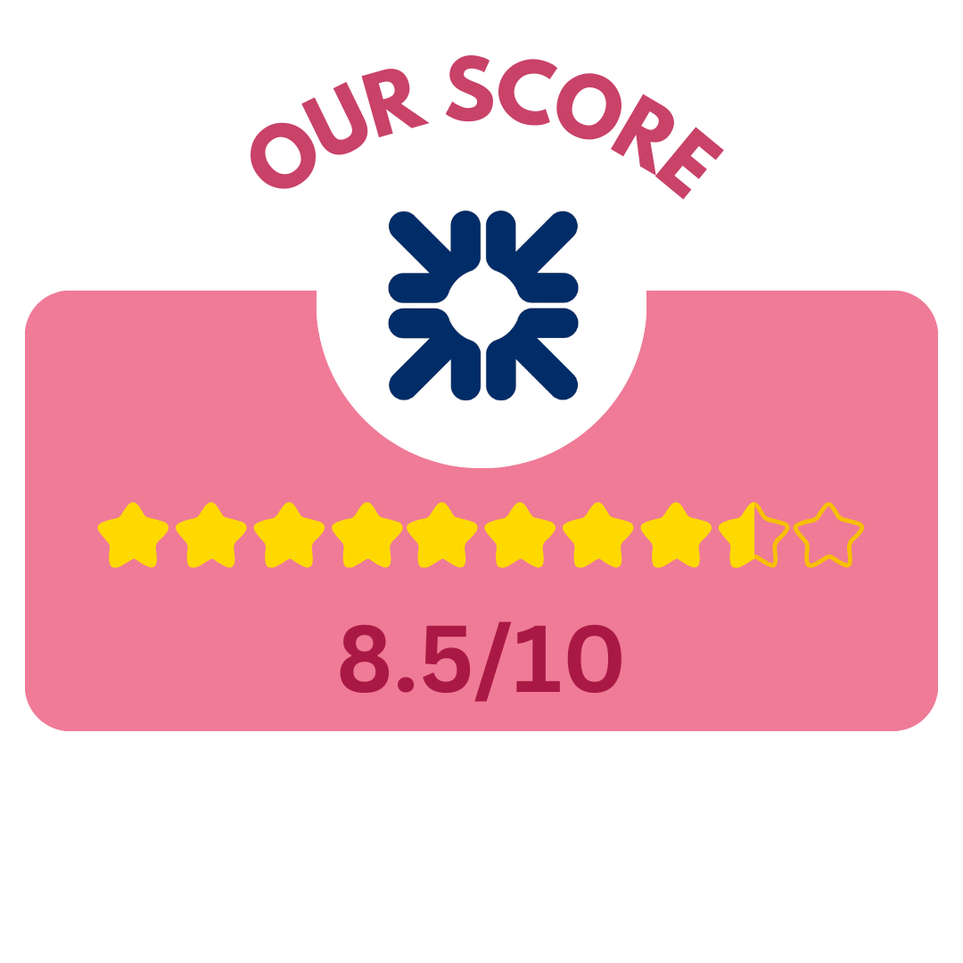 An image with the text "Our Score" above a logo, nine full yellow stars, one outlined star, and the score "8.5/10" on a pink background.