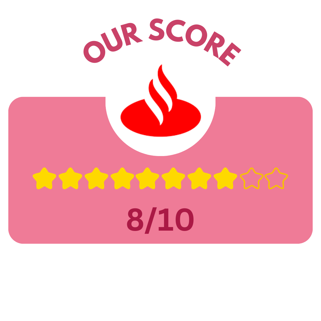 A pink card with "Our Score" at the top, a logo with three red waves, eight yellow stars, and a score of 8/10.