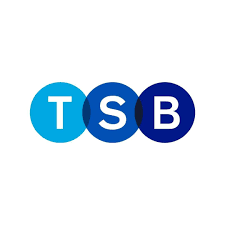 The image shows the TSB Bank logo, consisting of the letters "T", "S", and "B" in white, each placed inside overlapping blue, dark blue, and navy blue circles respectively.