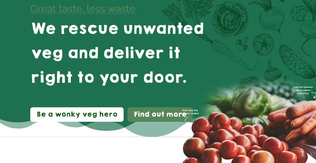 Green and white banner with text: "We rescue unwanted veg and deliver it right to your door." Featuring illustrations of vegetables and a basket of tomatoes and other produce. Buttons read: "Be a wonky veg hero" and 