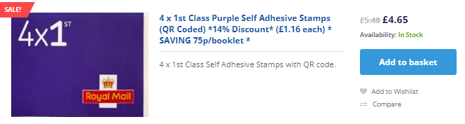 Image of a listing for 4x 1st Class Purple Self Adhesive Stamps (QR Coded) with a reduced price of £4.65, originally £5.40. The product is in stock and has options to add to basket, wishlist, or compare.