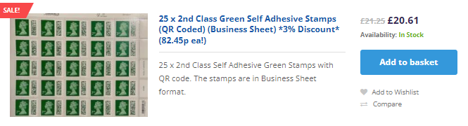 Image of a product listing for "25 x 2nd Class Green Self Adhesive Stamps (QR Coded) (Business Sheet)." The stamps are priced at £20.61, marked down from £21.25, and are shown in Business Sheet format.