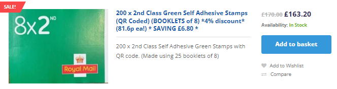 Image of a product listing for 200 second class green self-adhesive stamps from Royal Mail, priced at £163.20 with a note of a 14% discount and a "Sale!" label.