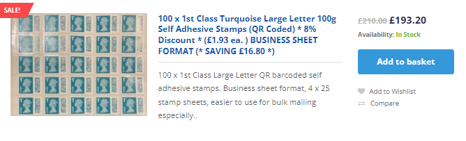 An online listing shows a sale on 100 pieces of 1st Class Turquoise Large Letter 100g Self Adhesive Stamps, now priced at £193.20 from £210.00. The listing includes an "Add to basket" button.