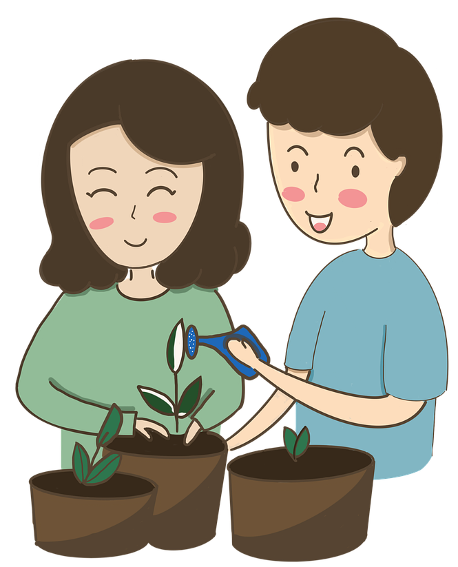 Illustration of two people caring for plants, one watering and the other tending to the soil in pots.